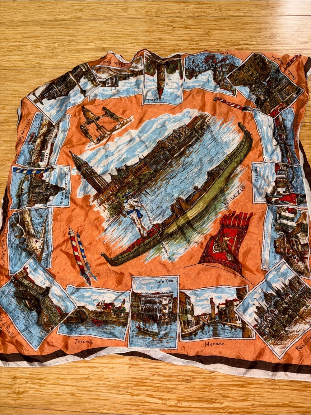 Vintage Venezia Venice Italy Travel Souvenir Scarf Orange Brown 26x26